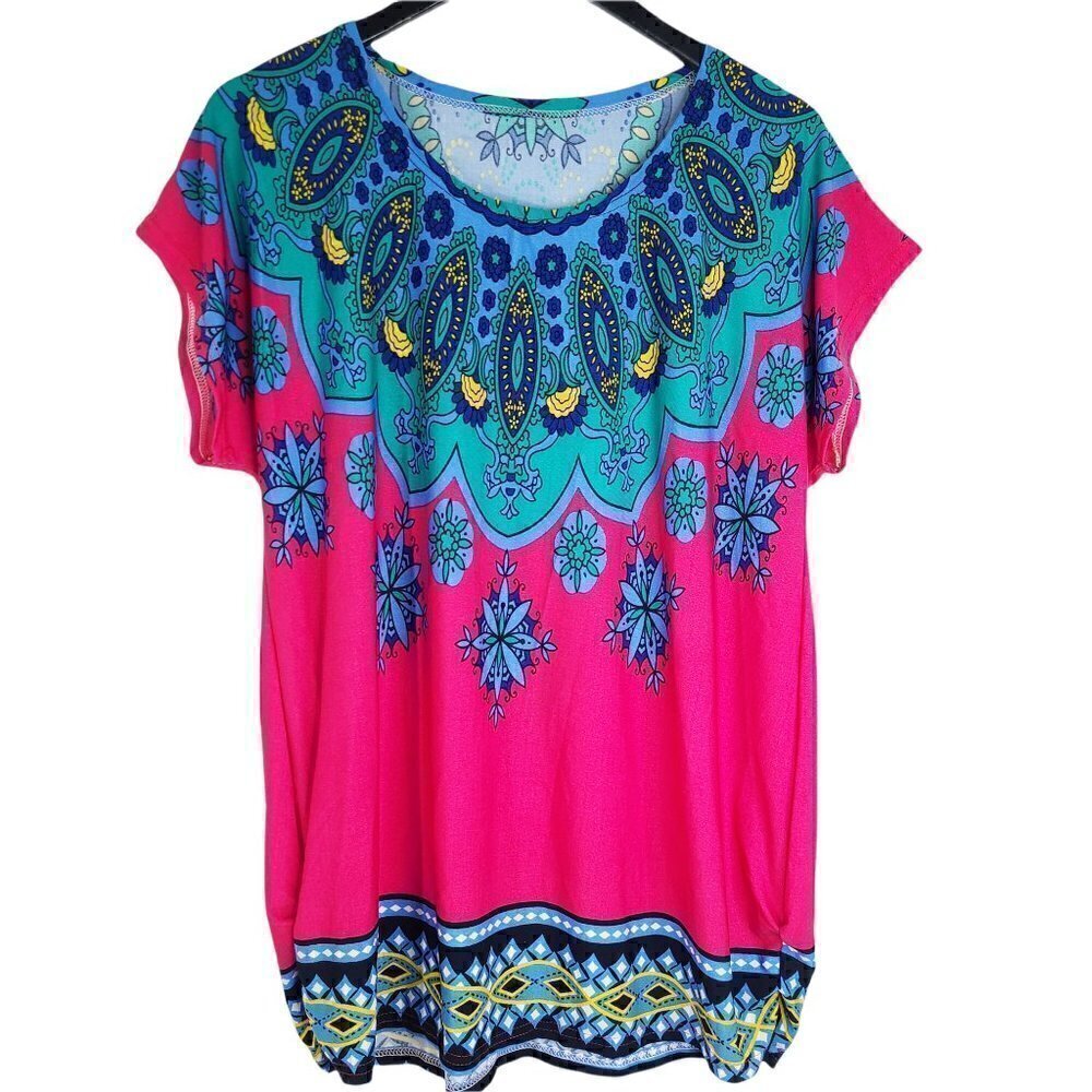 Women's Hot Pink Paisley Peacock Swing Tunic Top